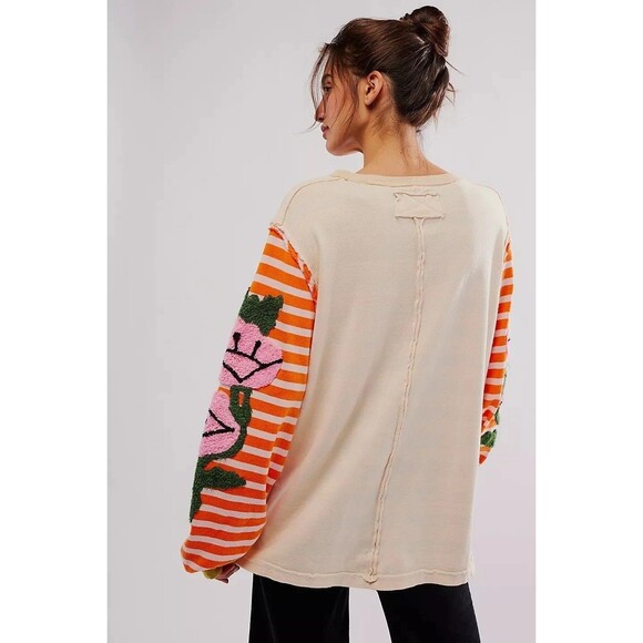 Free People We The Free Rose Stem Tee Tunic Top Embroidered Striped S NEW 283286 - Picture 2 of 9